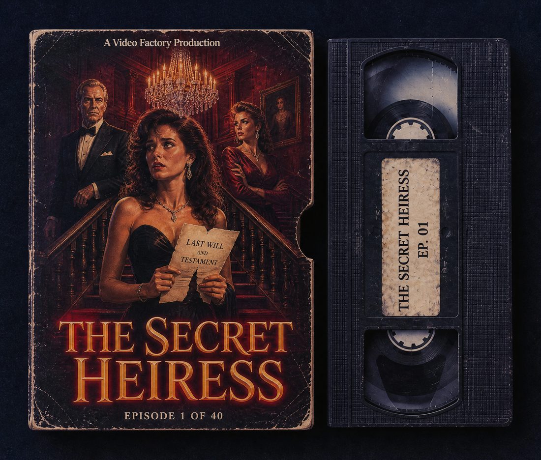 VHS box and tape of The Secret Heiress, episode 1 of 40: a woman in a black gown holds a torn will on a mansion staircase.