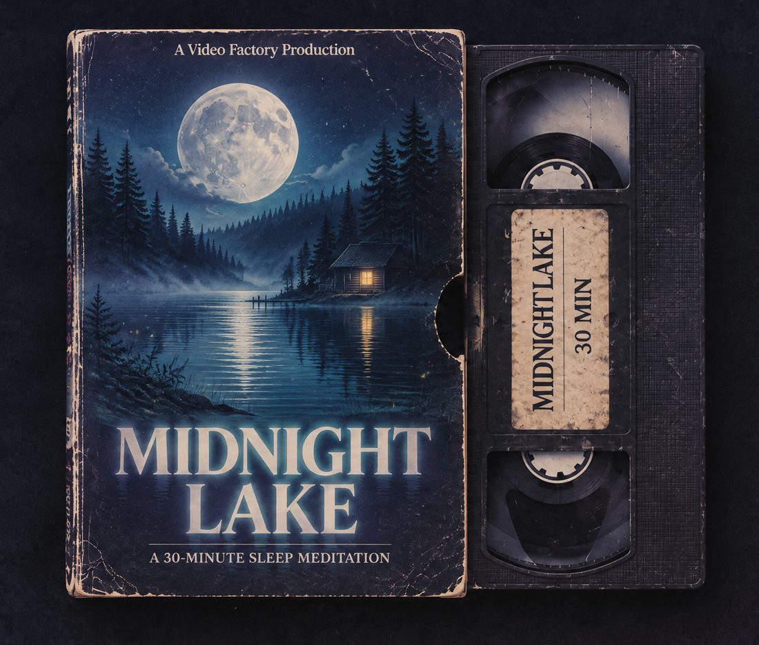 VHS box and tape of Midnight Lake, a 30-minute sleep meditation: a full moon over a misty lake and a lit cabin.