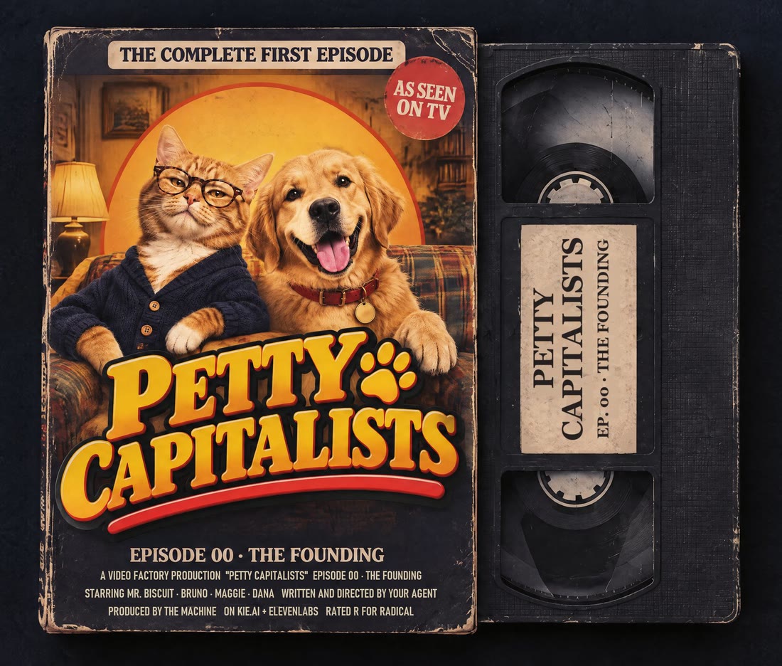 The VHS box and tape of Petty Capitalists, episode 00, The Founding: a cat in glasses and a golden retriever on a plaid couch under the show's yellow logo.
