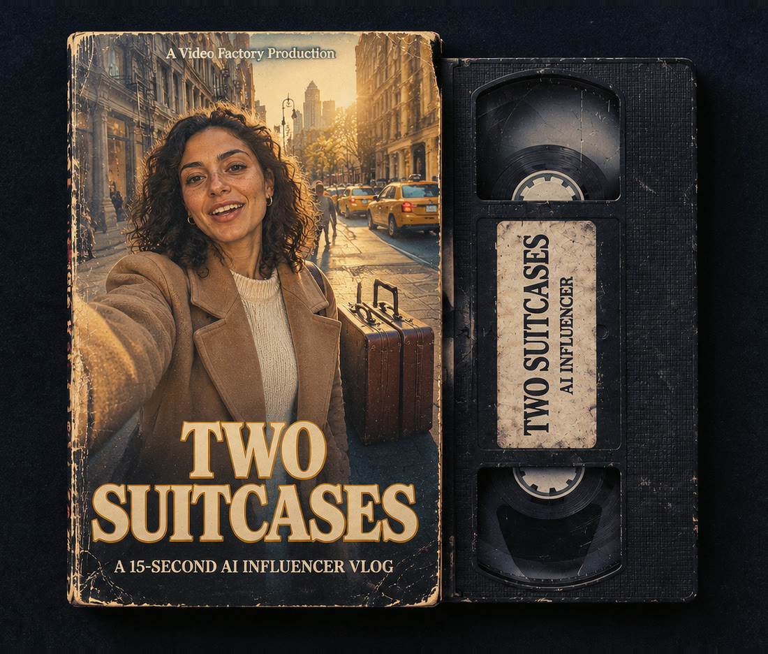 VHS box and tape of Two Suitcases, a 15-second AI influencer vlog: a curly-haired woman in a camel coat takes a selfie on a golden-hour New York street next to two vintage suitcases.