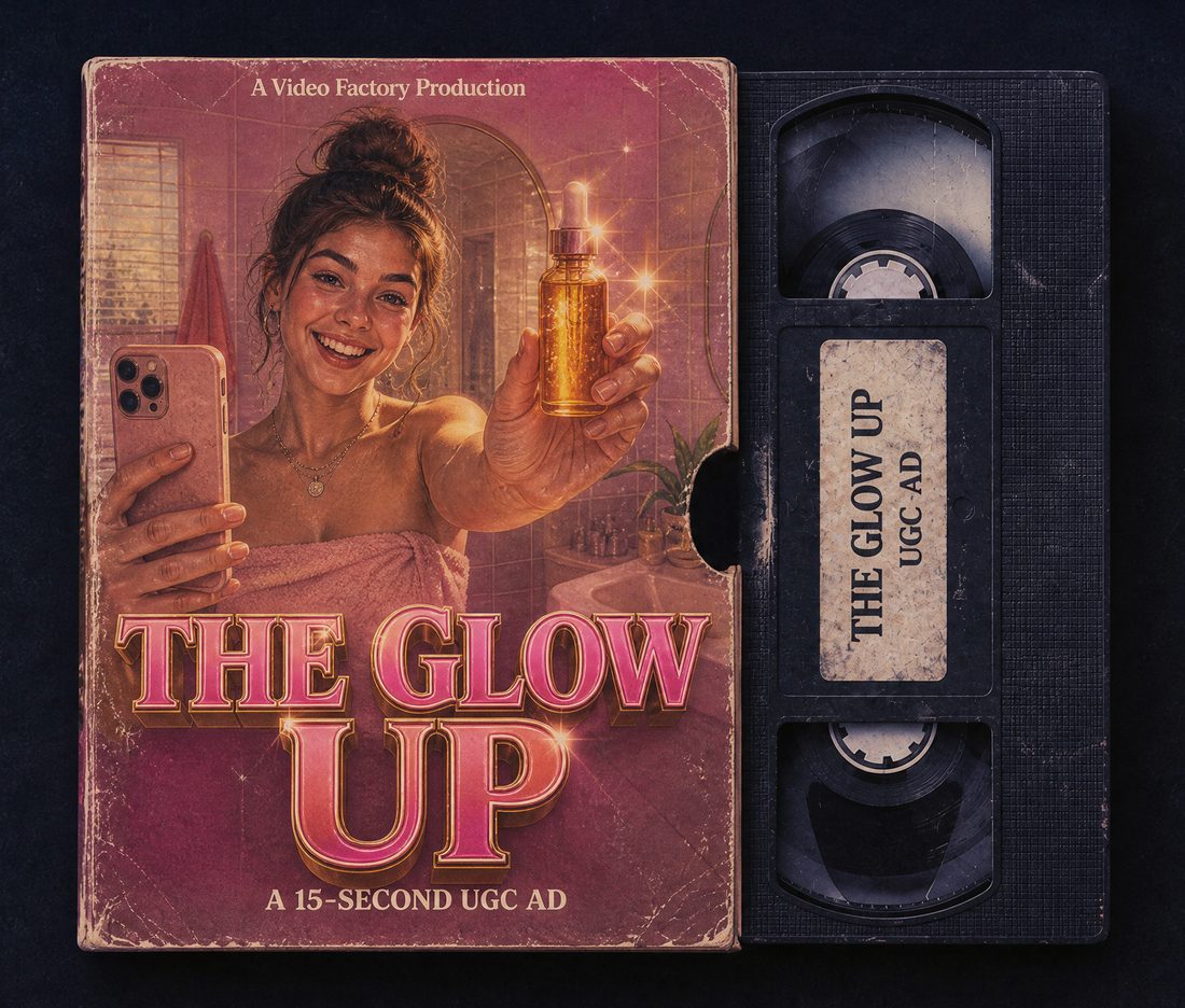 VHS box and tape of The Glow Up, a 15-second UGC ad: a smiling creator films herself holding a glowing serum bottle.